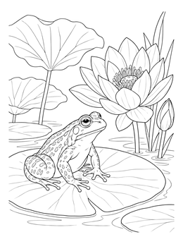 A spotted frog rests on a lily pad in this detailed lotus flower coloring page.