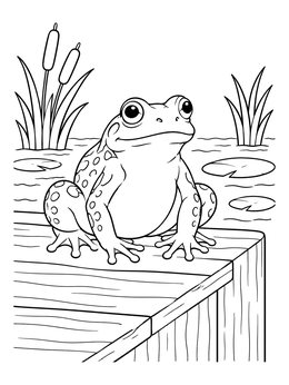 A peaceful frog coloring page resting on a wooden dock by pond plants.
