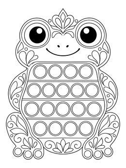 Frog themed pop it fidget toy coloring page with circular bubbles and floral patterns.