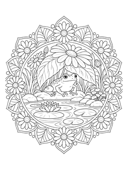 A peaceful frog rests under blooms in this daisy flower coloring page mandala.