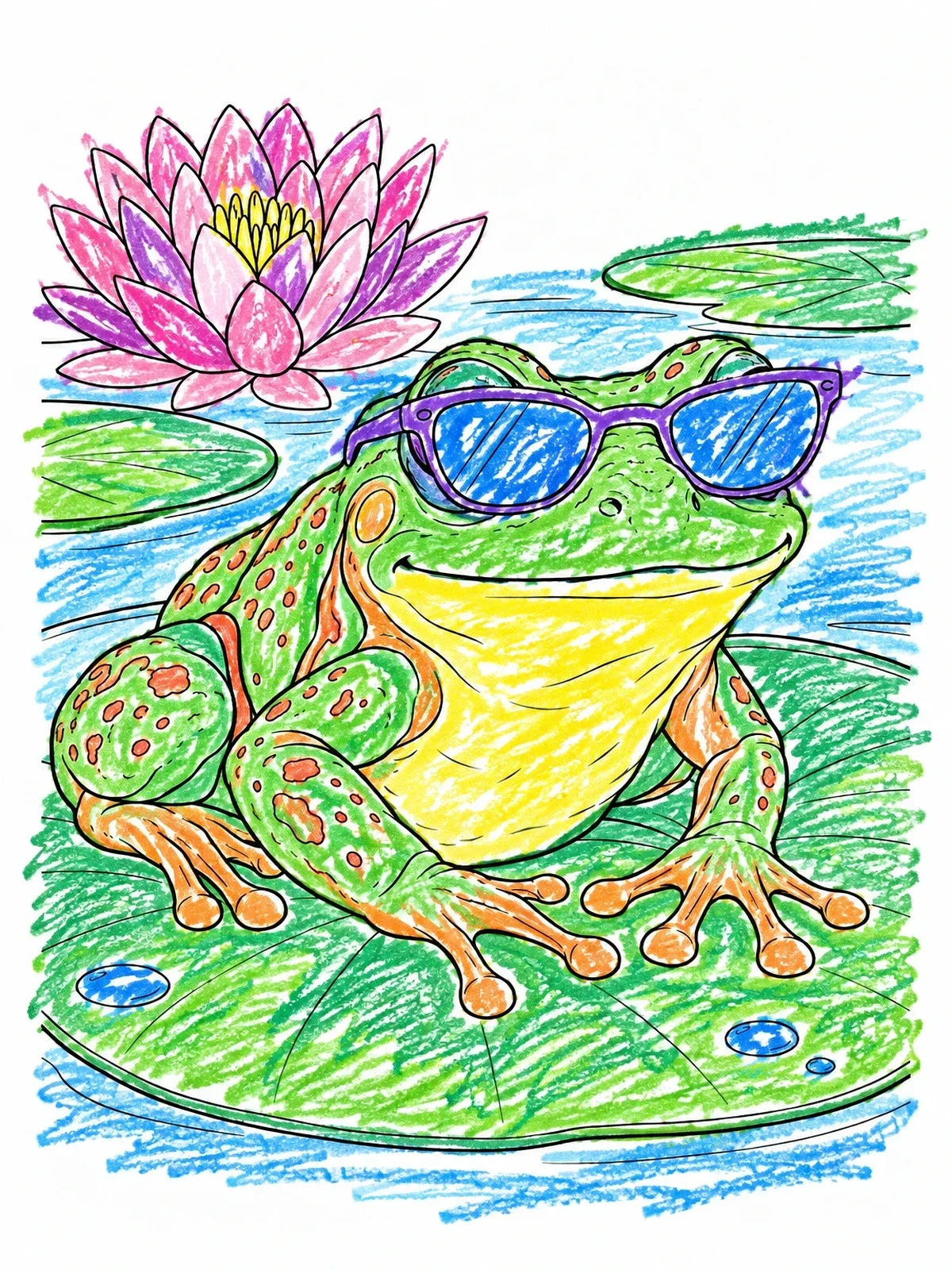Colored example of the Cool Frog With Sunglasses On Lily Pad coloring page