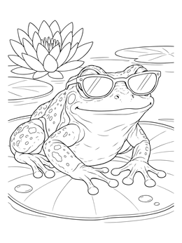 A cheerful frog sits on a pond lily pad in this fun sunglasses coloring page.