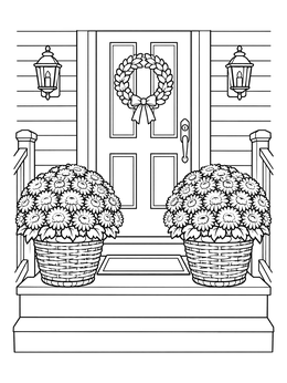 Free printable Front Porch Chrysanthemum Baskets coloring page