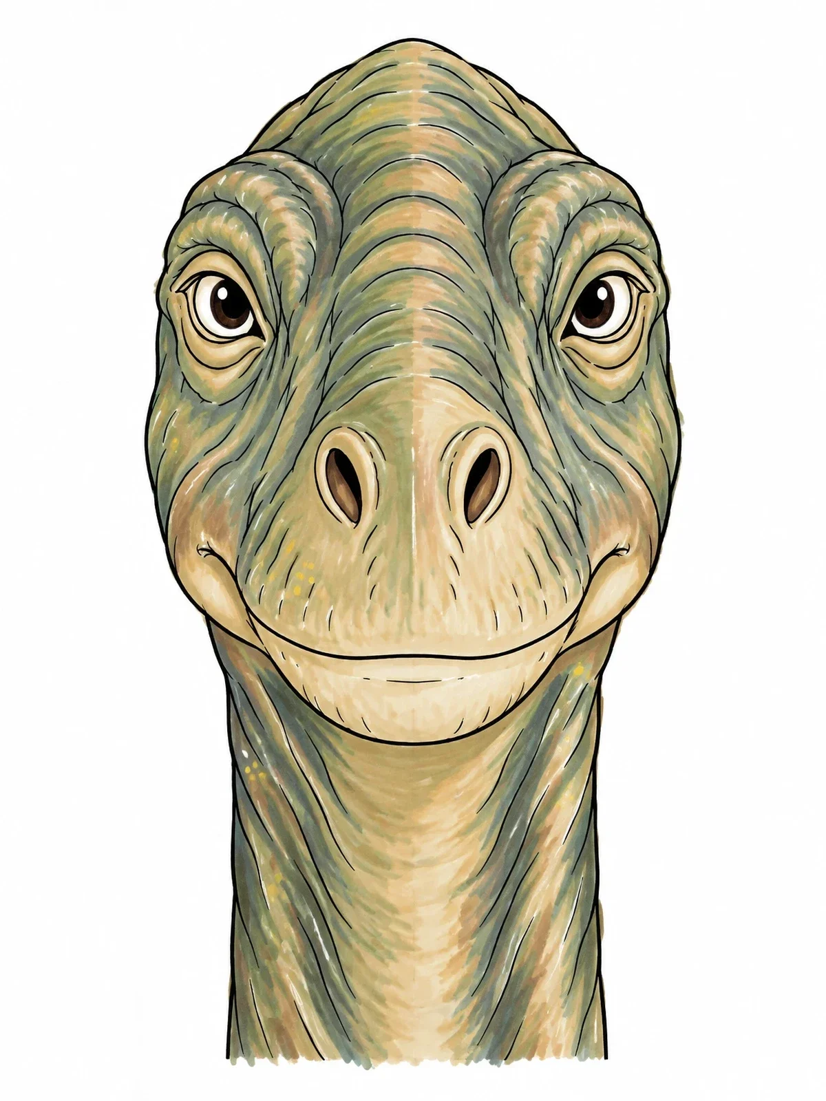 Colored example of the Front View Brontosaurus Portrait coloring page