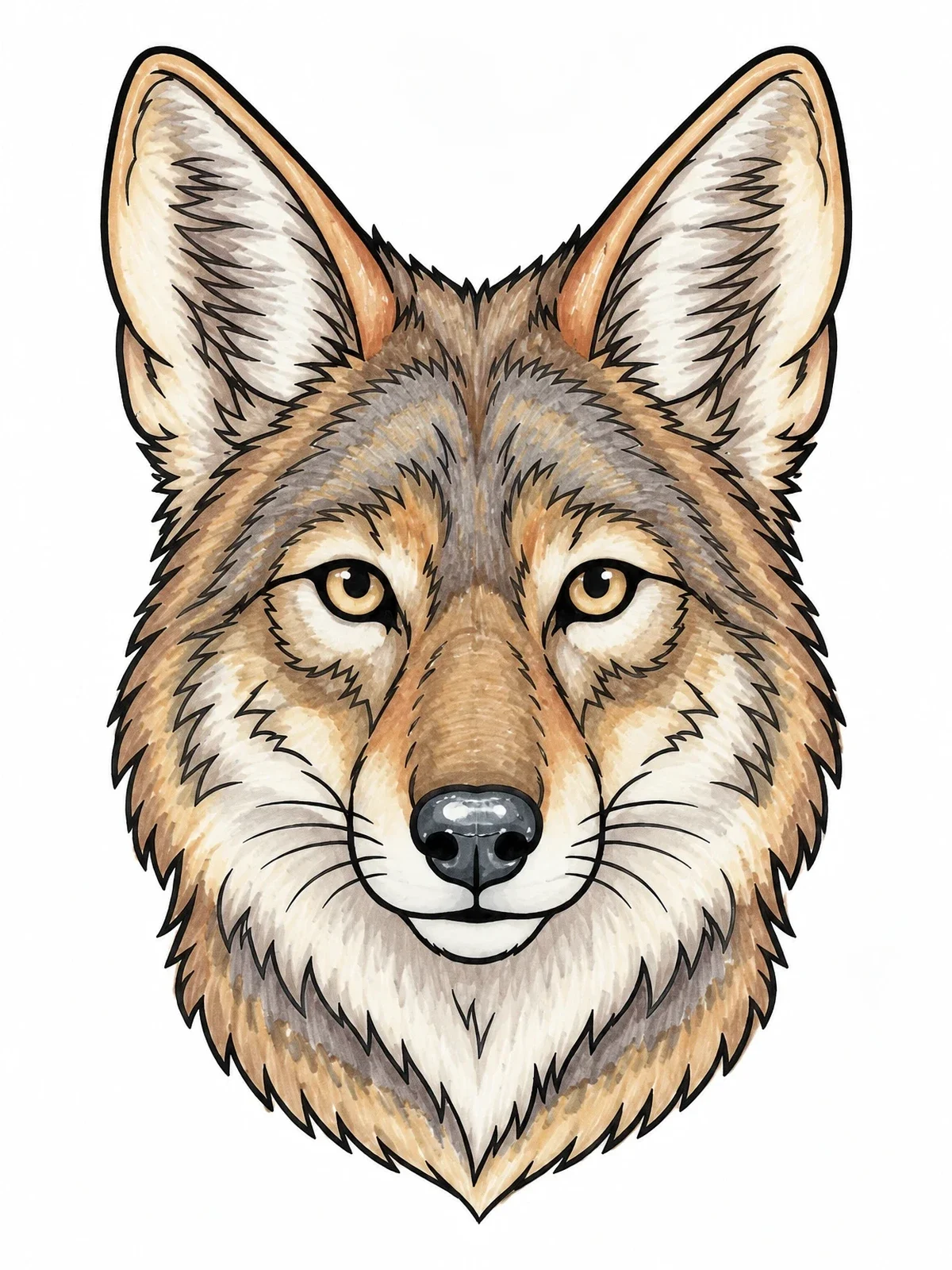 Colored example of the Front View Coyote Portrait coloring page