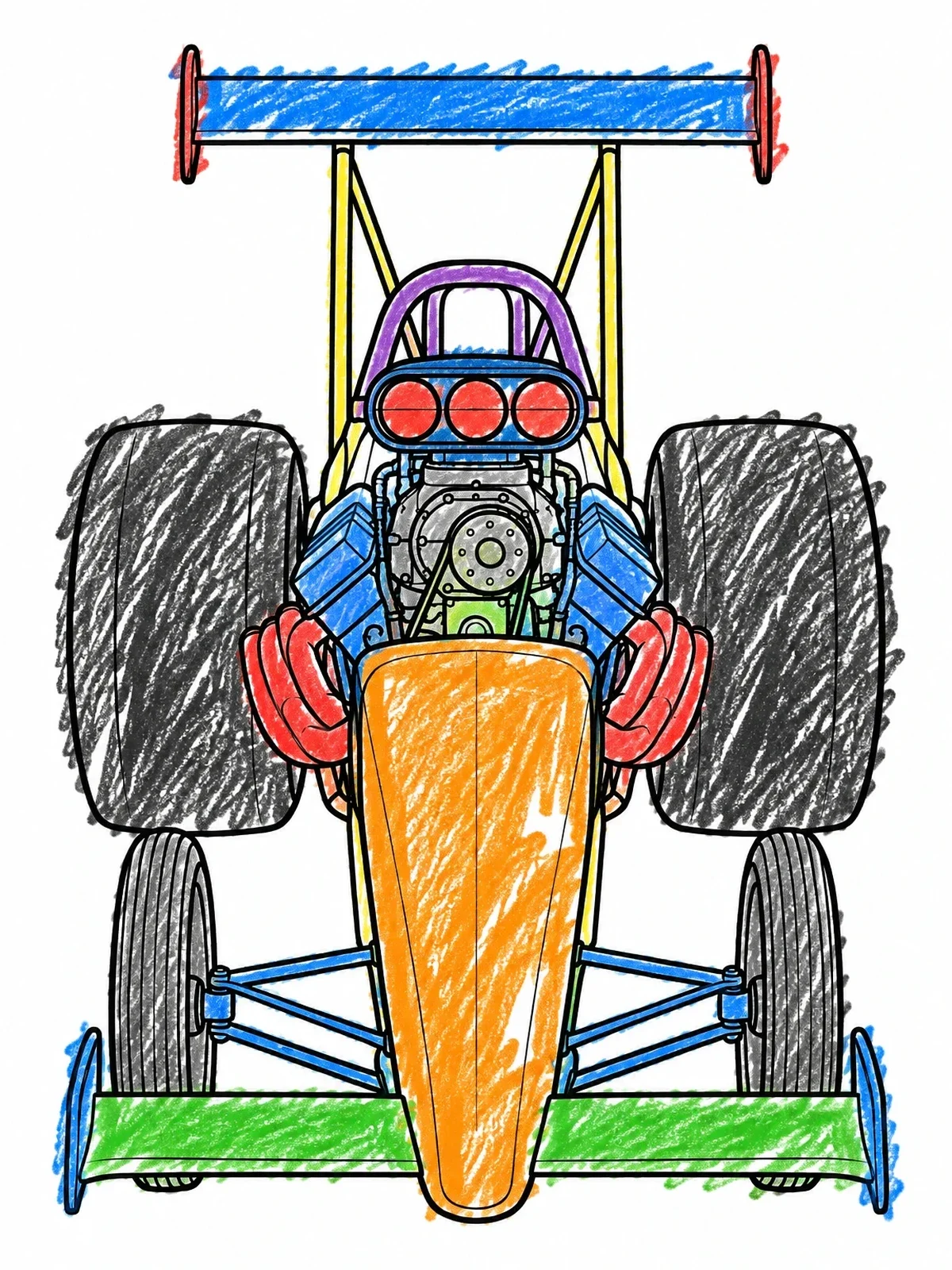 Colored example of the Front View Dragster Race Car coloring page