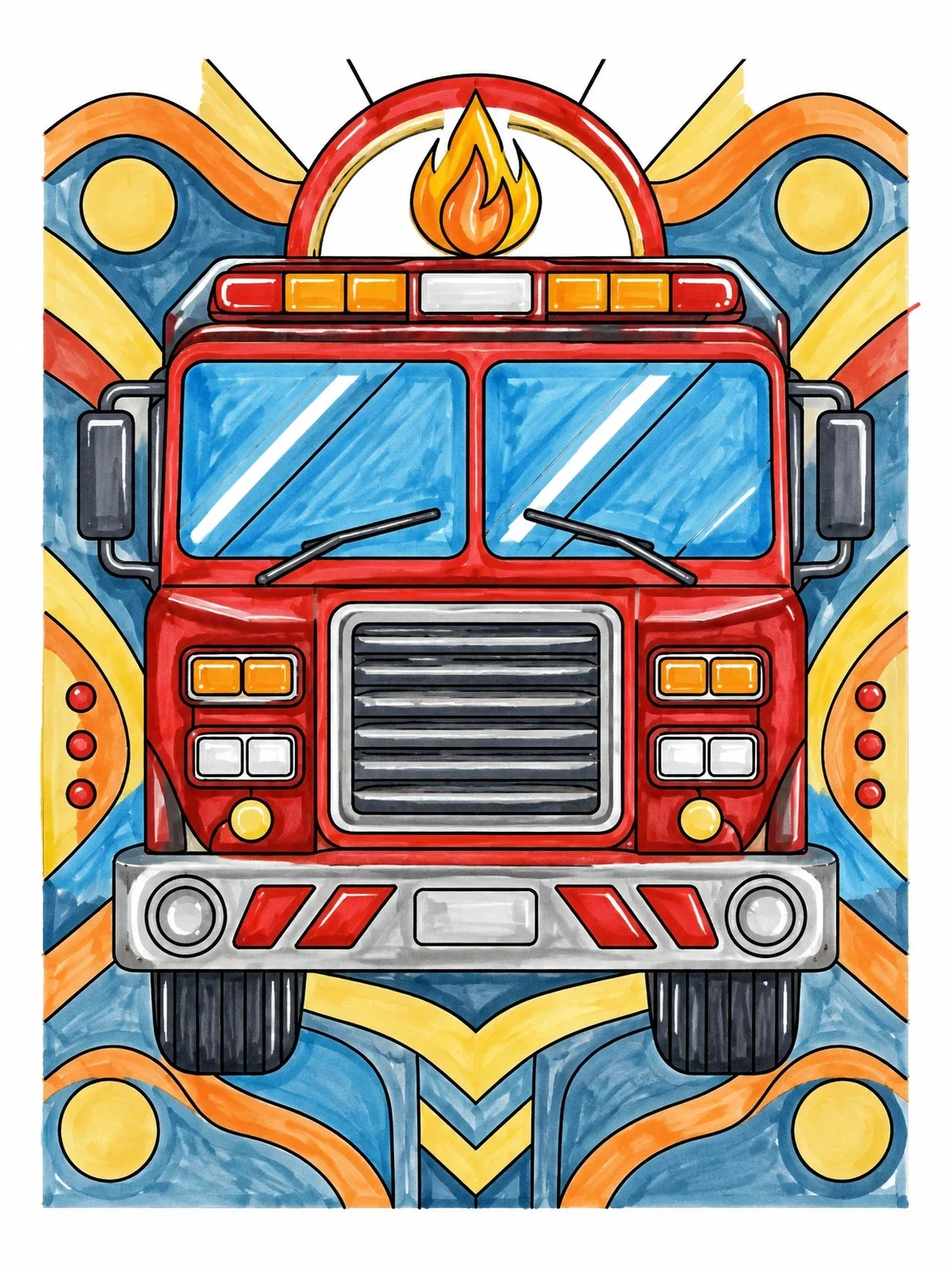 Colored example of the Front View Fire Engine With Geometric Background coloring page