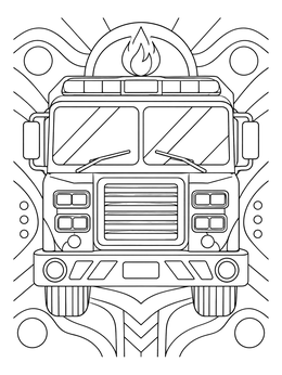 Front view of an emergency vehicle on this fire truck coloring page with abstract patterns.