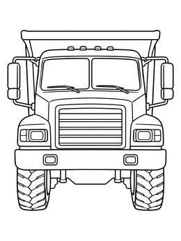 Front view dump truck coloring page showing the windshield, grill, and big tires.