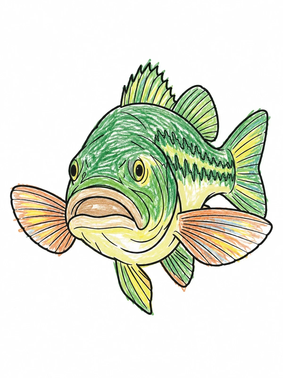 Colored example of the Front View Largemouth Bass Swimming coloring page
