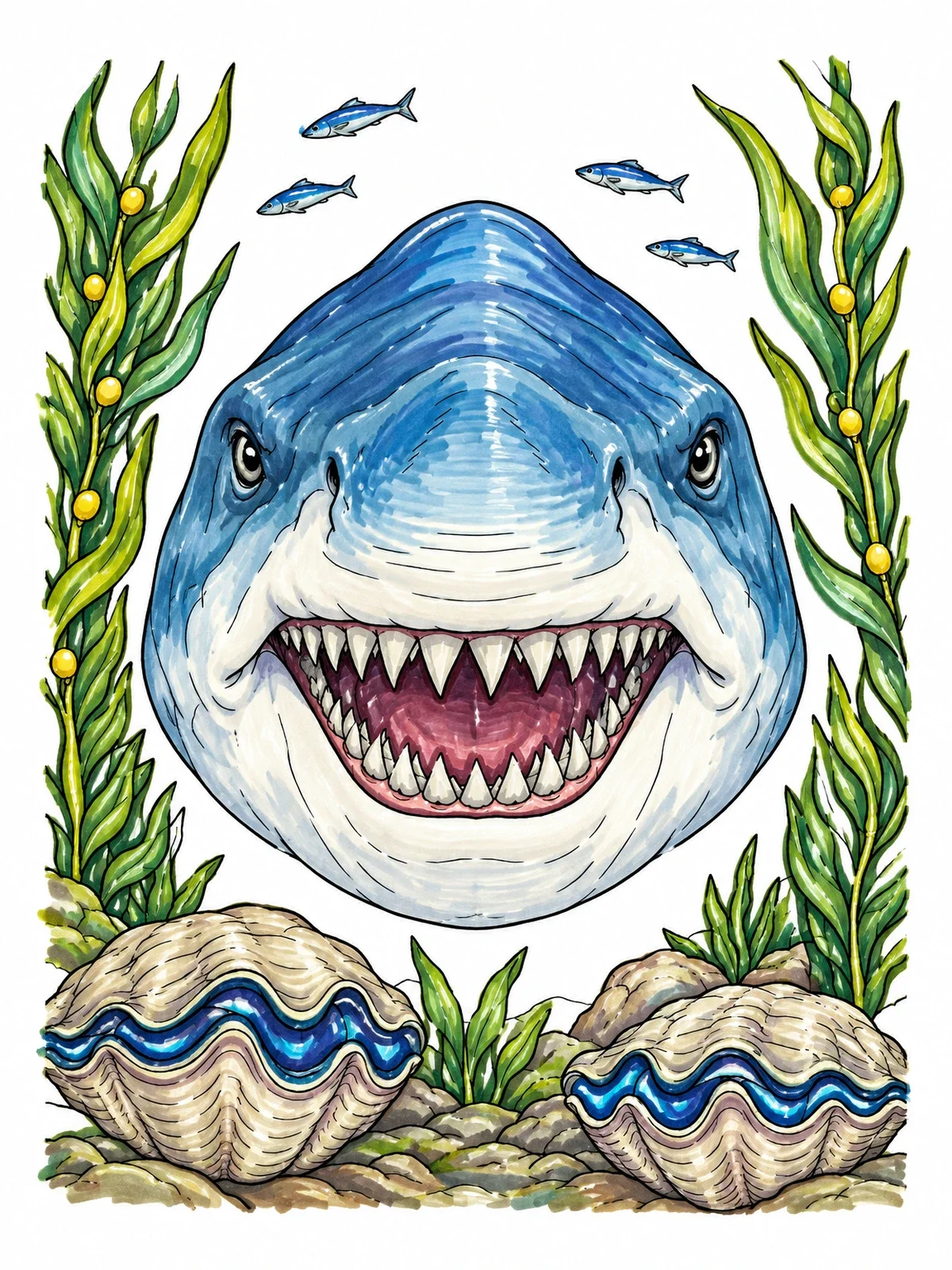 Colored example of the Front View Megalodon Underwater coloring page