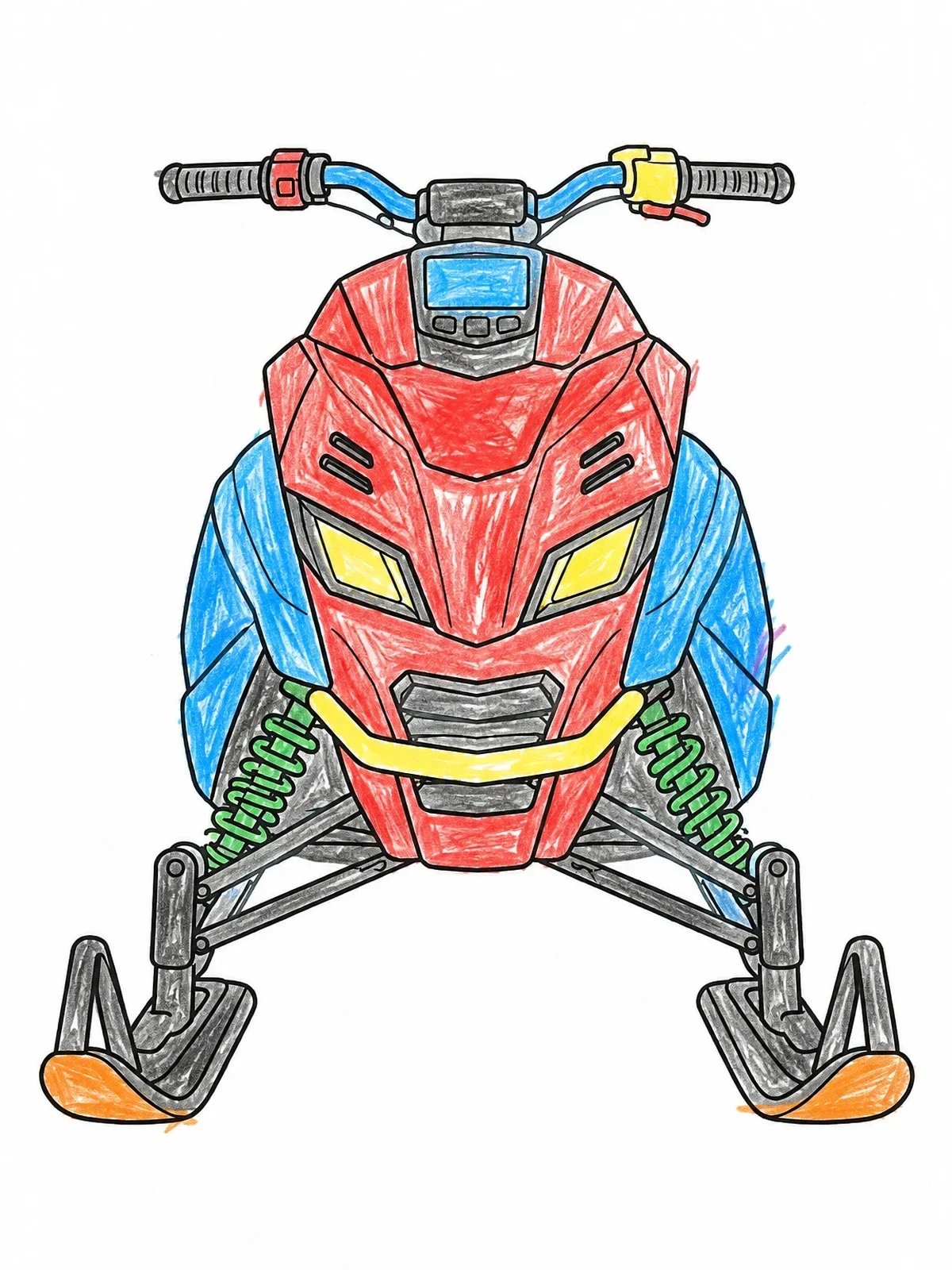 Colored example of the Front View Of Modern Snowmobile coloring page