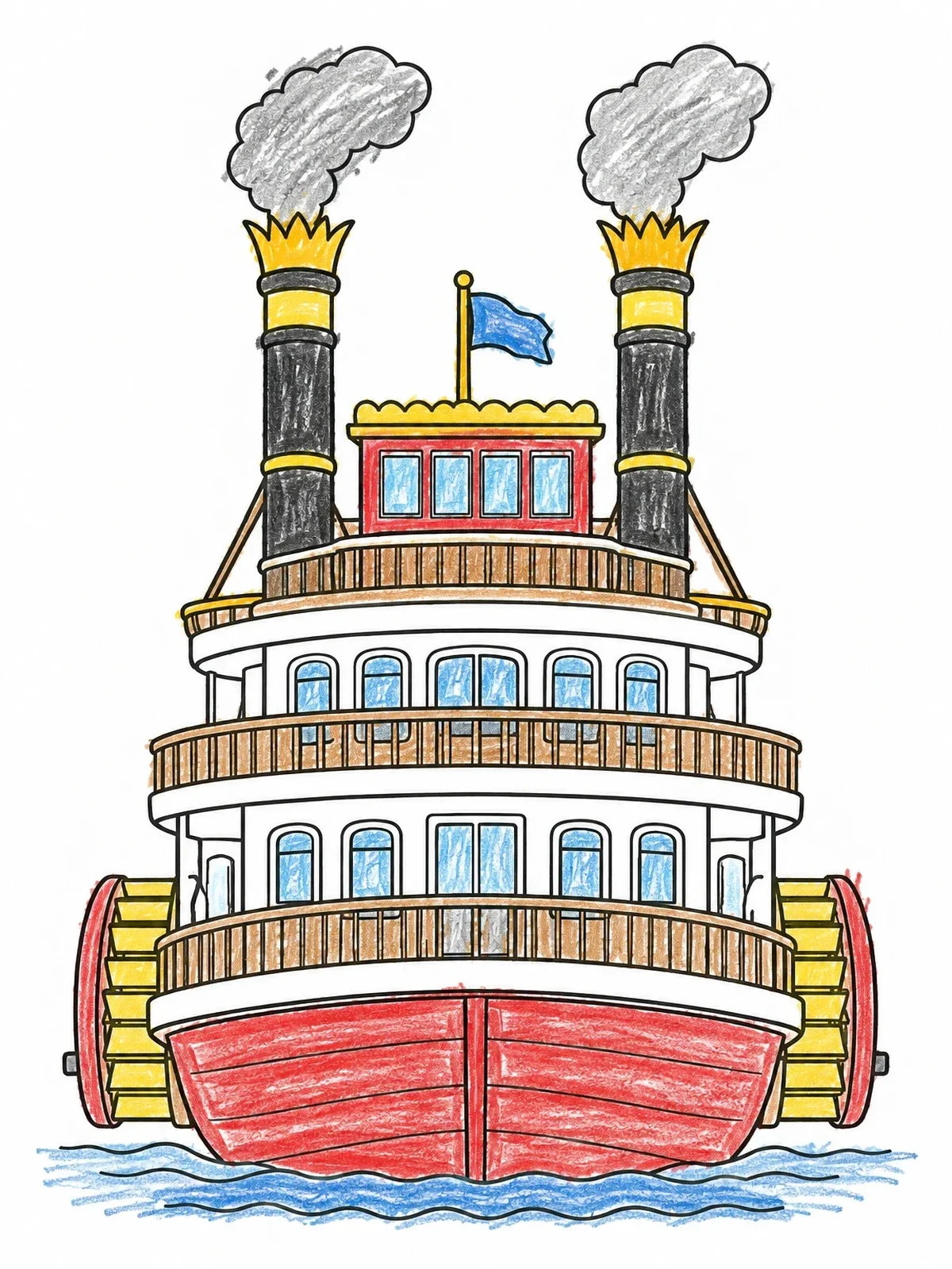 Colored example of the Front View River Steamboat coloring page
