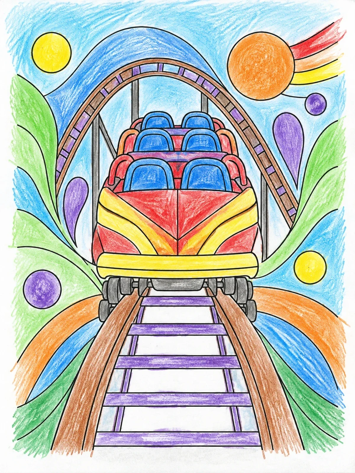 Colored example of the Front View Roller Coaster Train coloring page