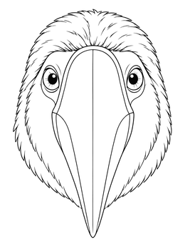 A front view toucan coloring page featuring detailed feathers and a large beak.