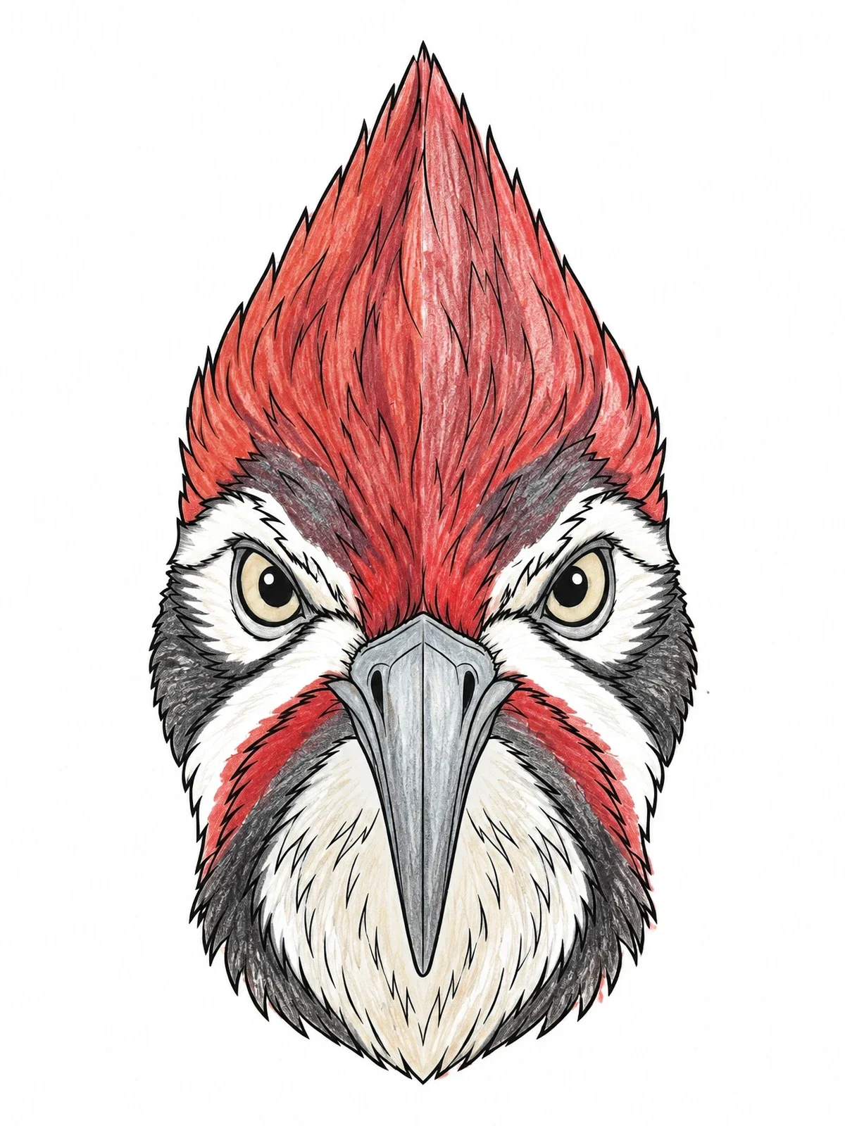 Colored example of the Front View Woodpecker Portrait coloring page