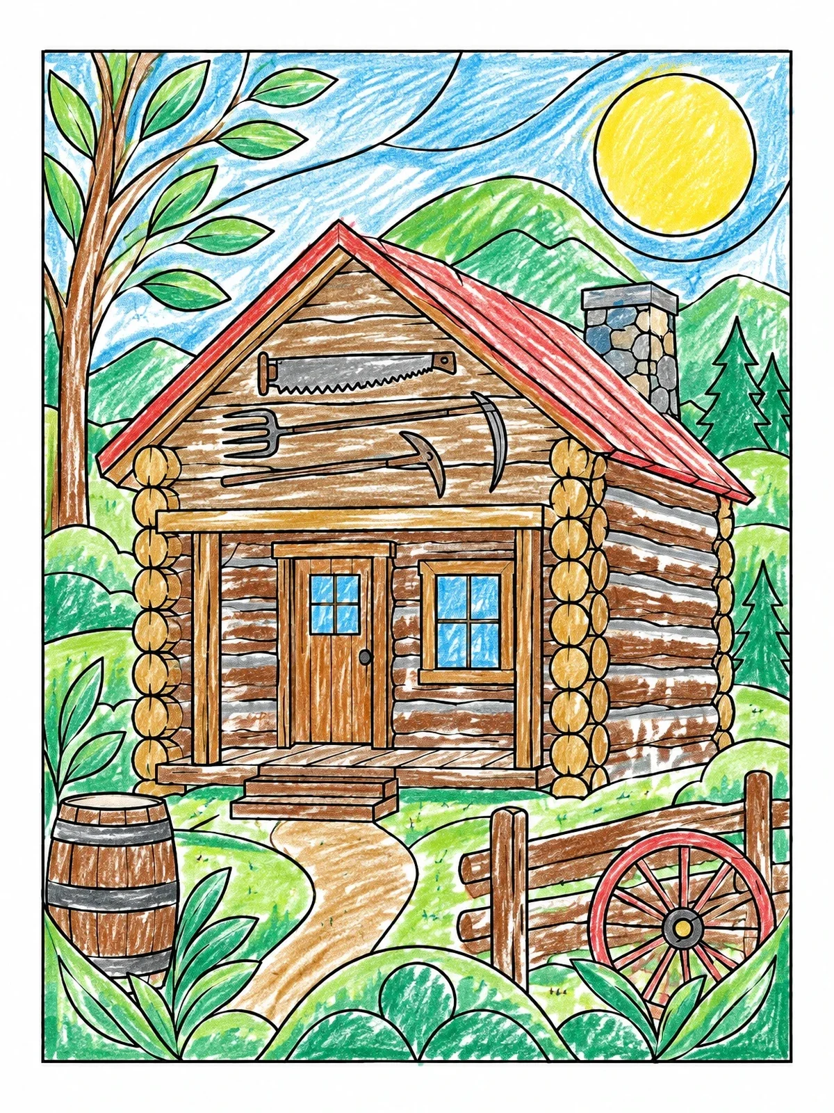 Colored example of the Frontier Homestead Log Cabin coloring page