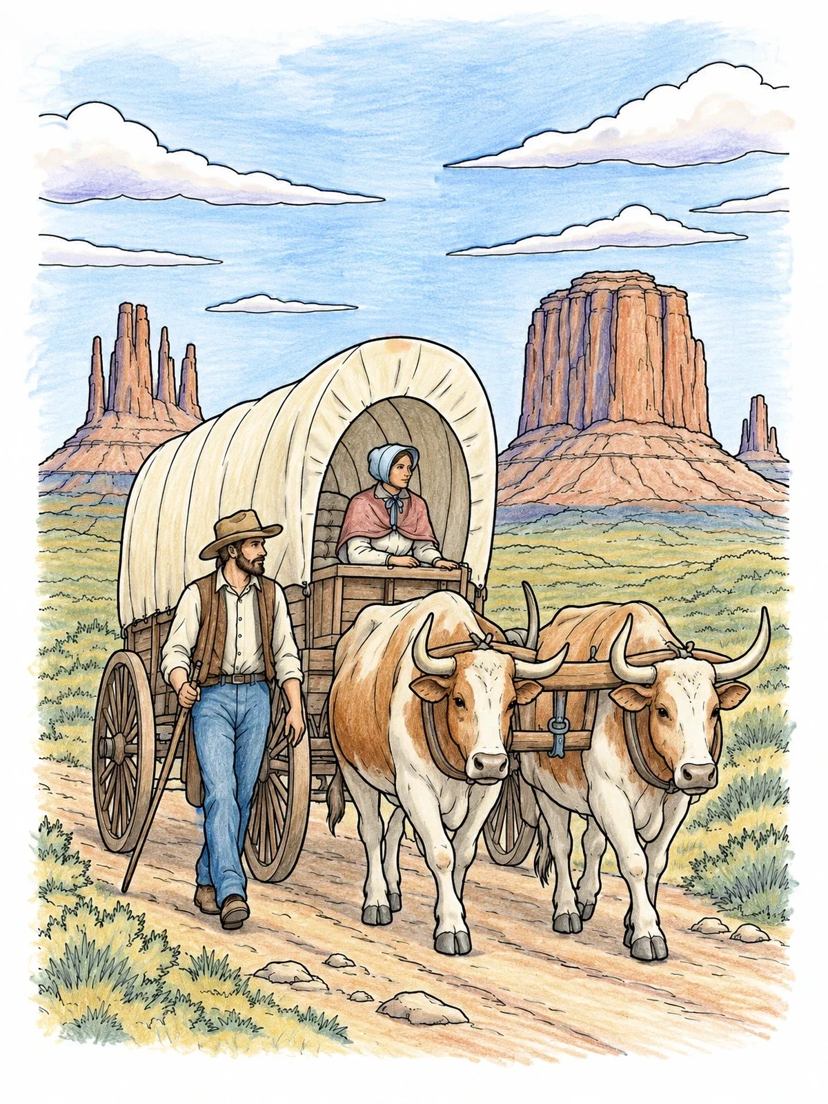 Colored example of the Frontier Pioneers With Covered Wagon coloring page