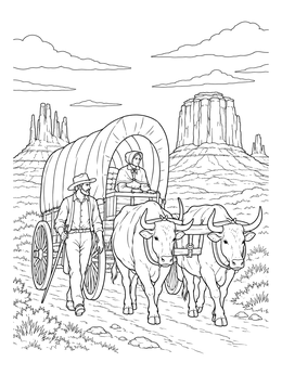 Free printable Frontier Pioneers With Covered Wagon coloring page