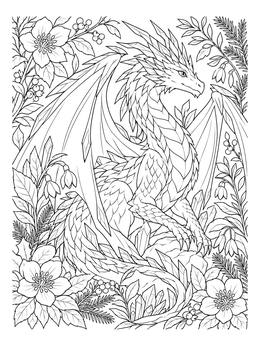 An intricate frost dragon coloring page framed by winter flowers and crystals.