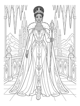 An elegant ice queen coloring page featuring a royal gown and crystal staff on a balcony.