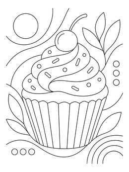 A decorative cupcake coloring page featuring swirls of frosting, sprinkles, and a cherry with abstract shapes.