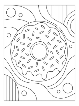 A glazed donut coloring page with sprinkles against an abstract wavy background.