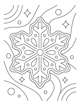 Decorated snowflake shape on this christmas cookie coloring page surrounded by stars and swirls.
