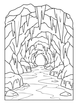 An icicle coloring page showing sharp icicles hanging from the roof of a frozen cave tunnel.