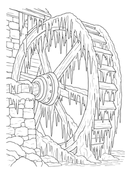 A frozen watermill wheel covered in frost on this icicle coloring page.