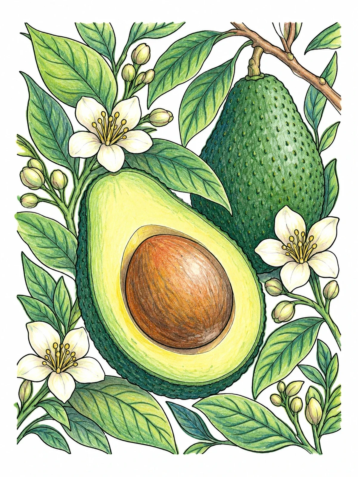 Colored example of the Avocado On Branch With Blossoms coloring page