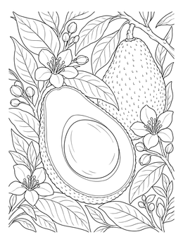 Free printable Avocado On Branch With Blossoms coloring page