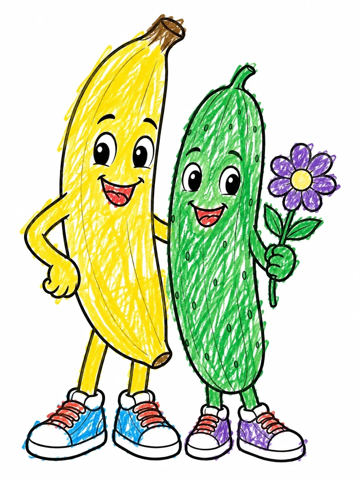 Colored example of the Cheerful Banana And Cucumber Best Friends coloring page