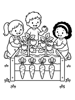 Free printable Children Gardening In Raised Bed coloring page