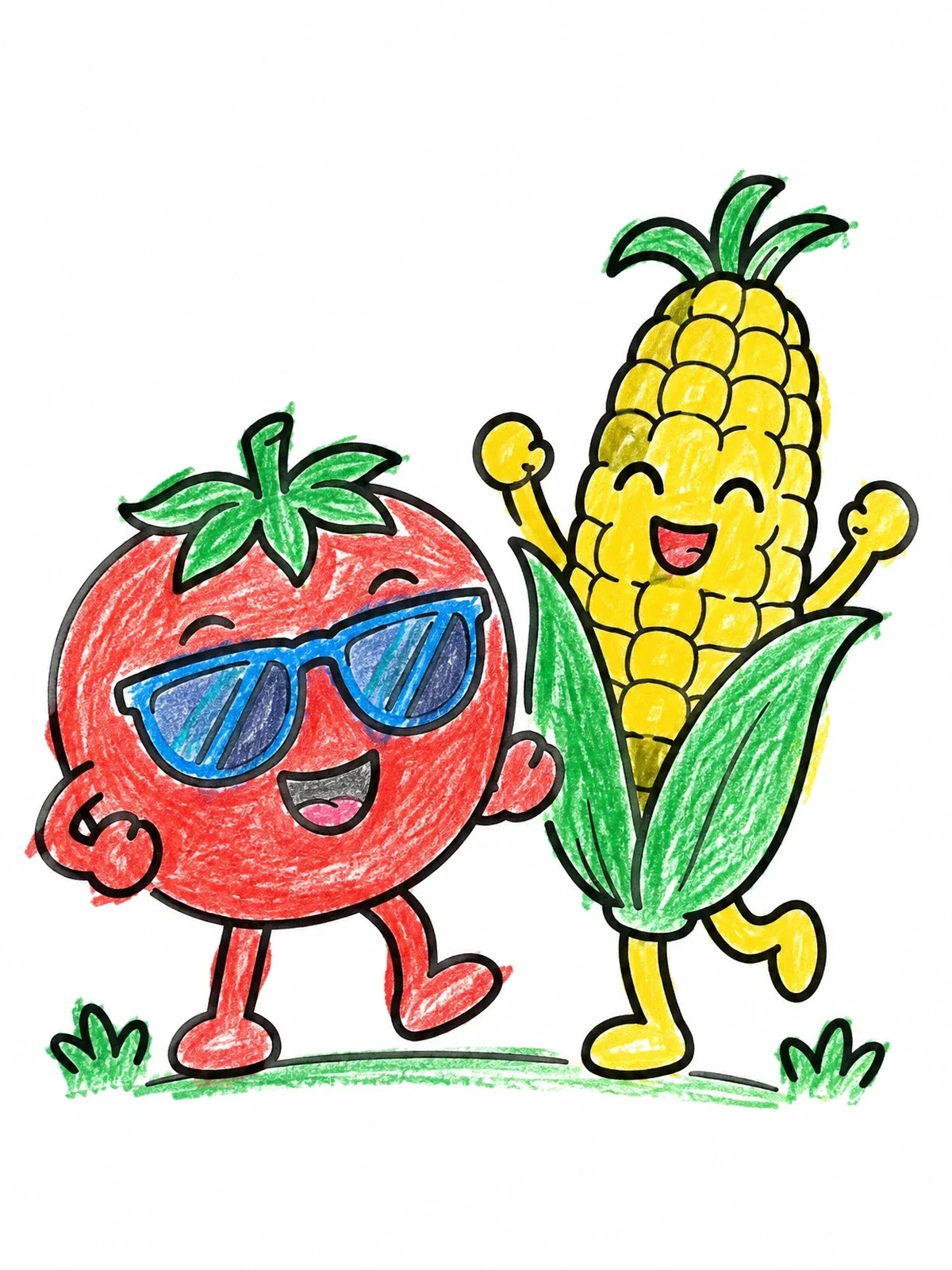 Colored example of the Cool Tomato And Dancing Corn coloring page
