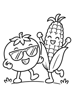 Free printable Cool Tomato And Dancing Corn coloring page