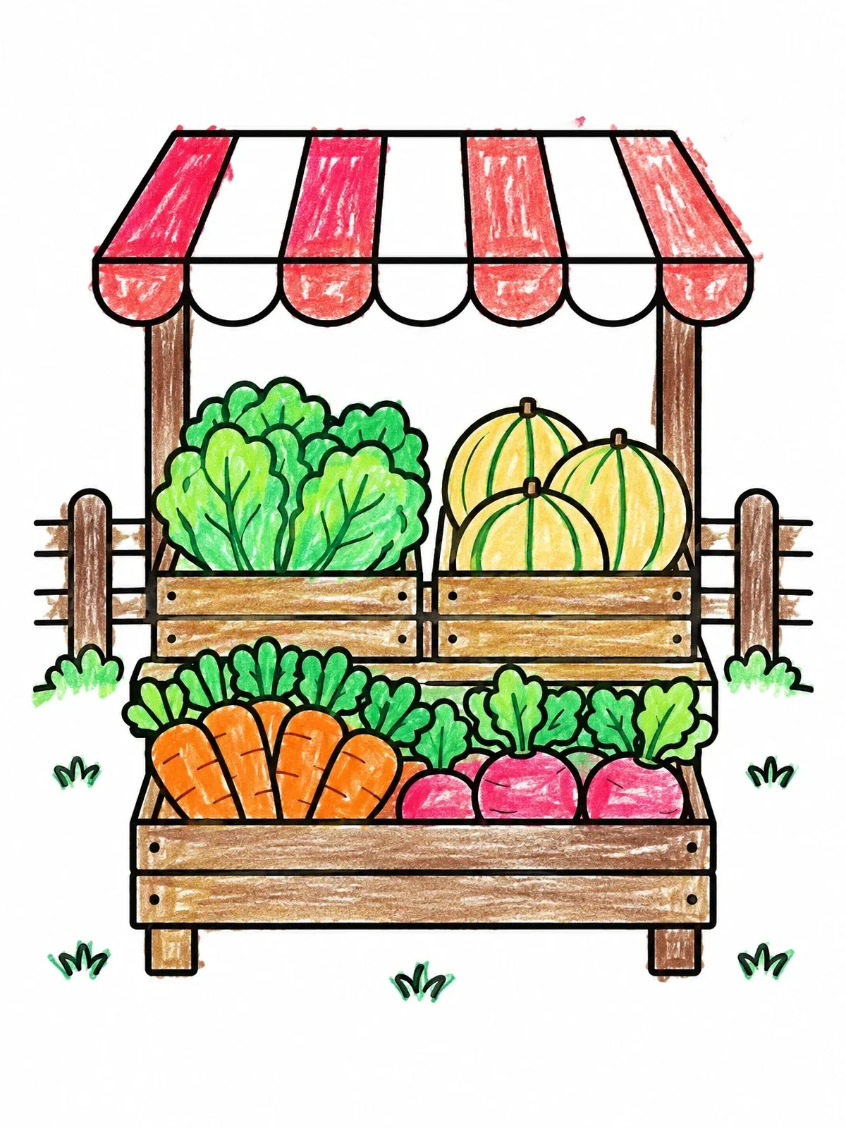 Colored example of the Fresh Farm Vegetable Stand coloring page