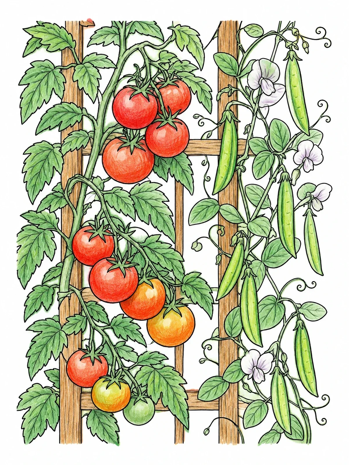 Colored example of the Garden Trellis With Tomatoes And Peas coloring page
