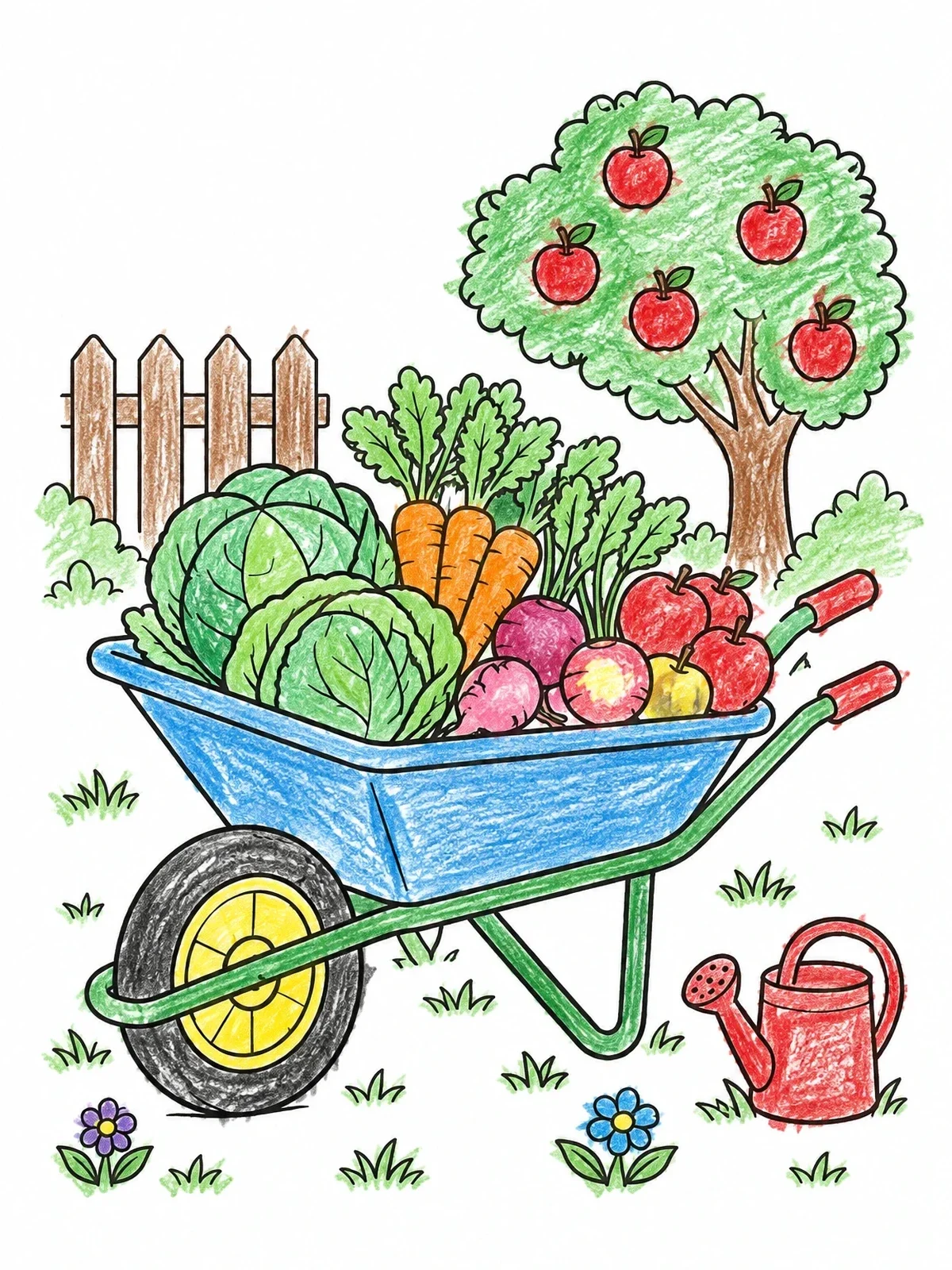 Colored example of the Garden Wheelbarrow Harvest coloring page