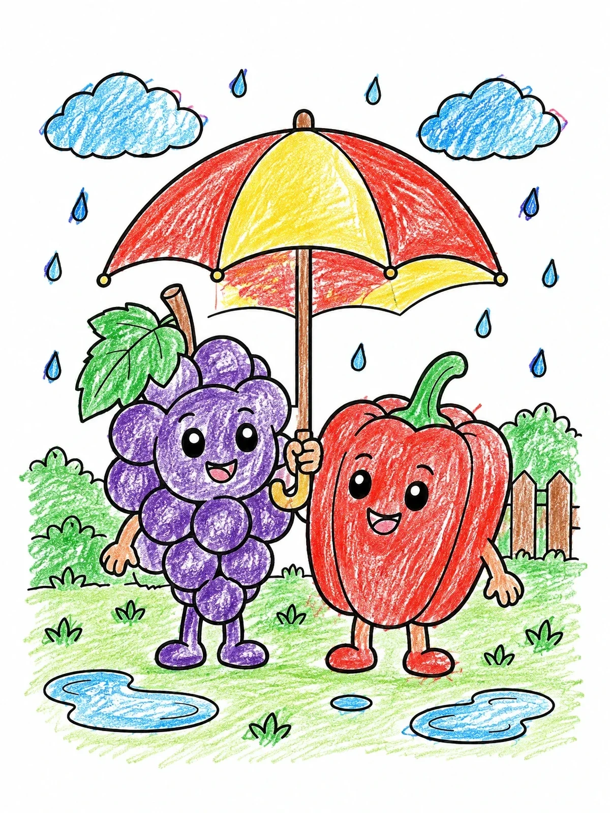 Colored example of the Grape And Bell Pepper Under An Umbrella coloring page