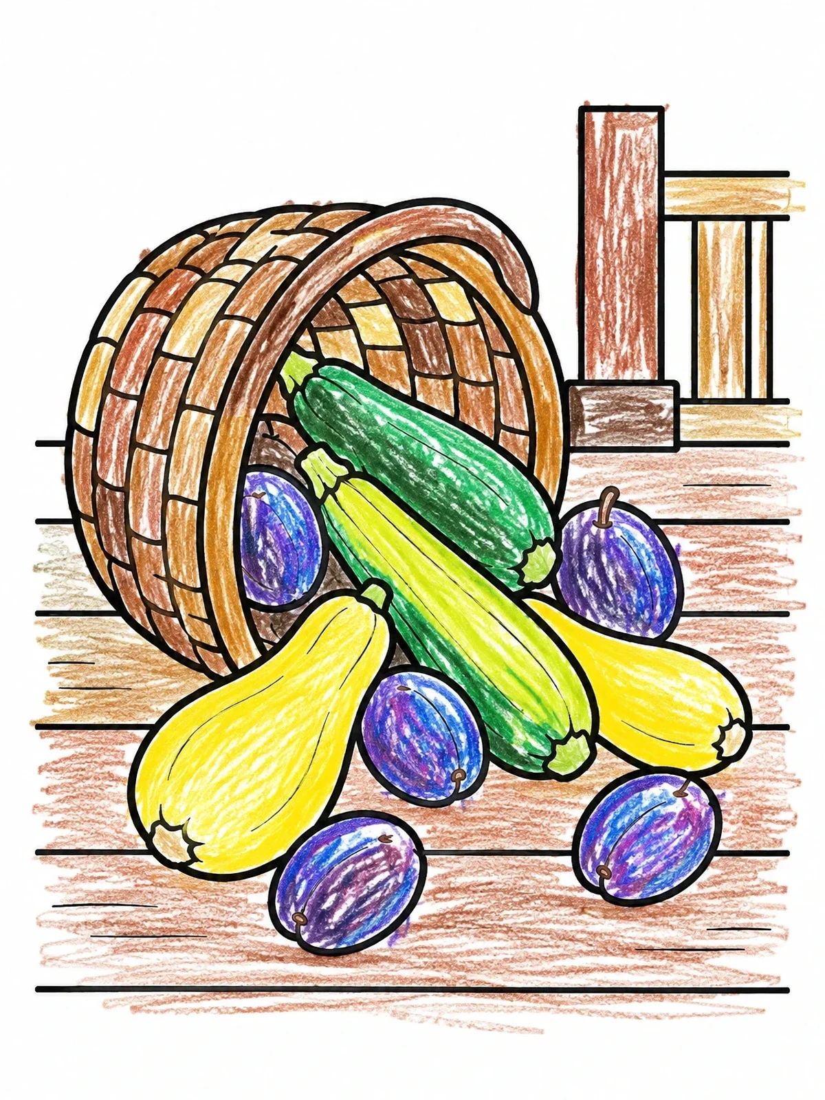 Colored example of the Harvest Basket Spilling Vegetables And Plums coloring page