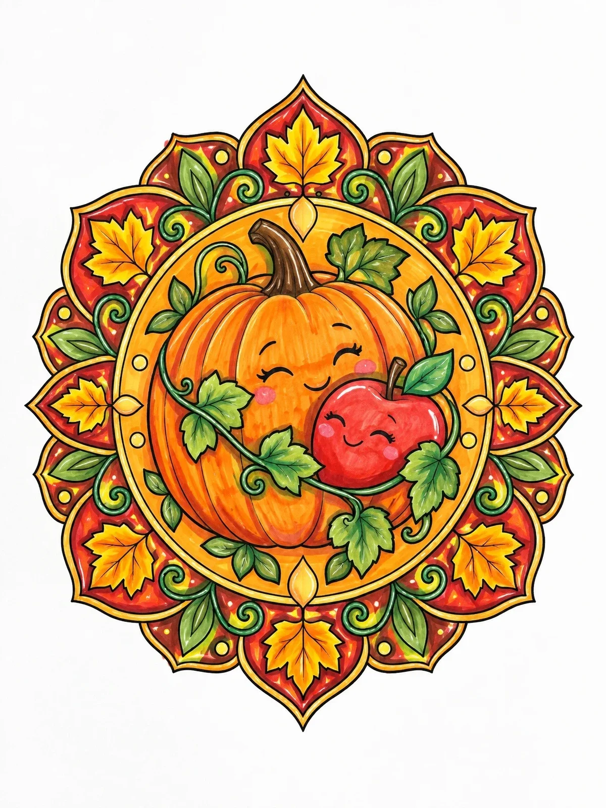 Colored example of the Pumpkin And Apple Autumn Mandala coloring page