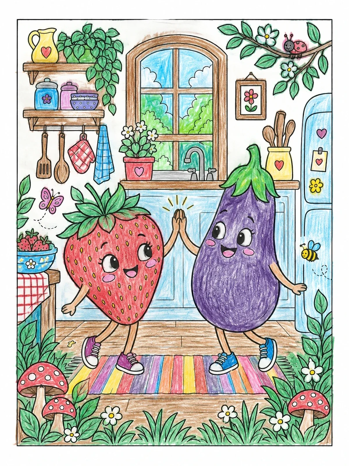 Colored example of the Strawberry And Eggplant High Five coloring page