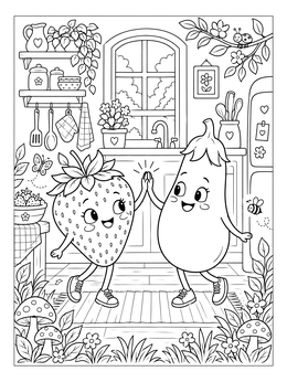 Free printable Strawberry And Eggplant High Five coloring page