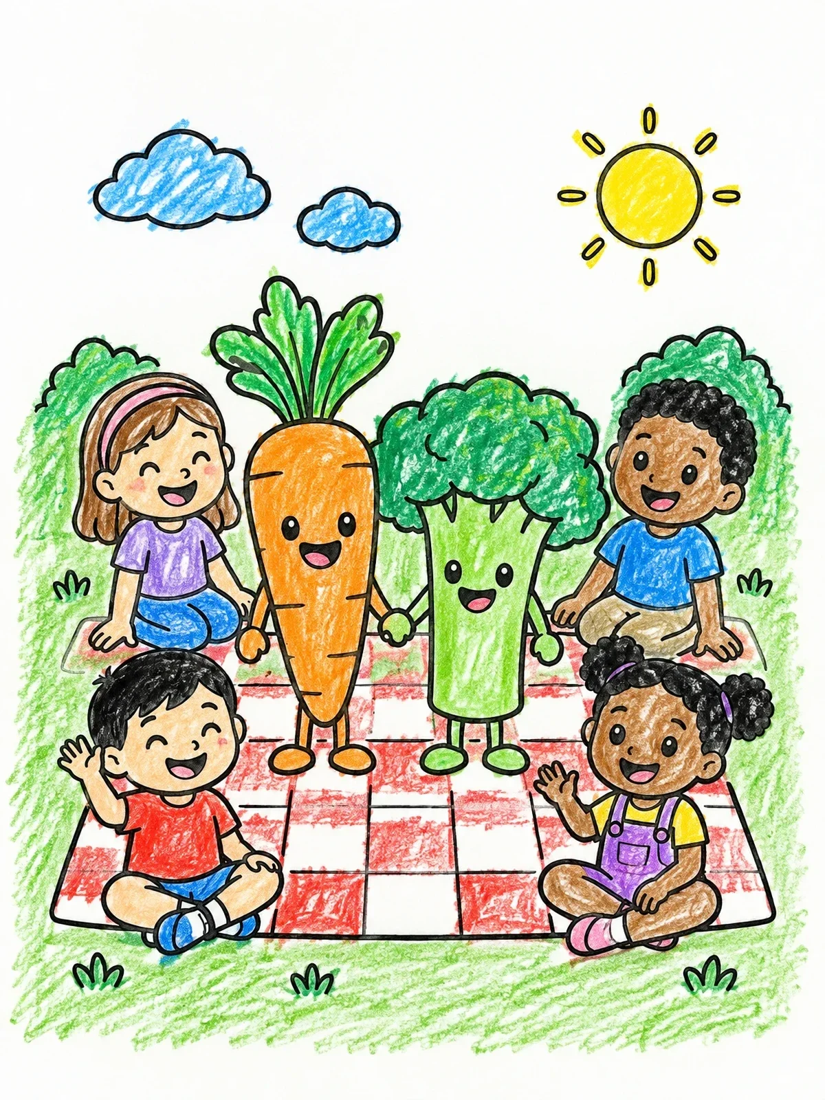 Colored example of the Vegetable Friends Picnic With Kids coloring page
