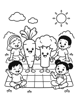 Free printable Vegetable Friends Picnic With Kids coloring page