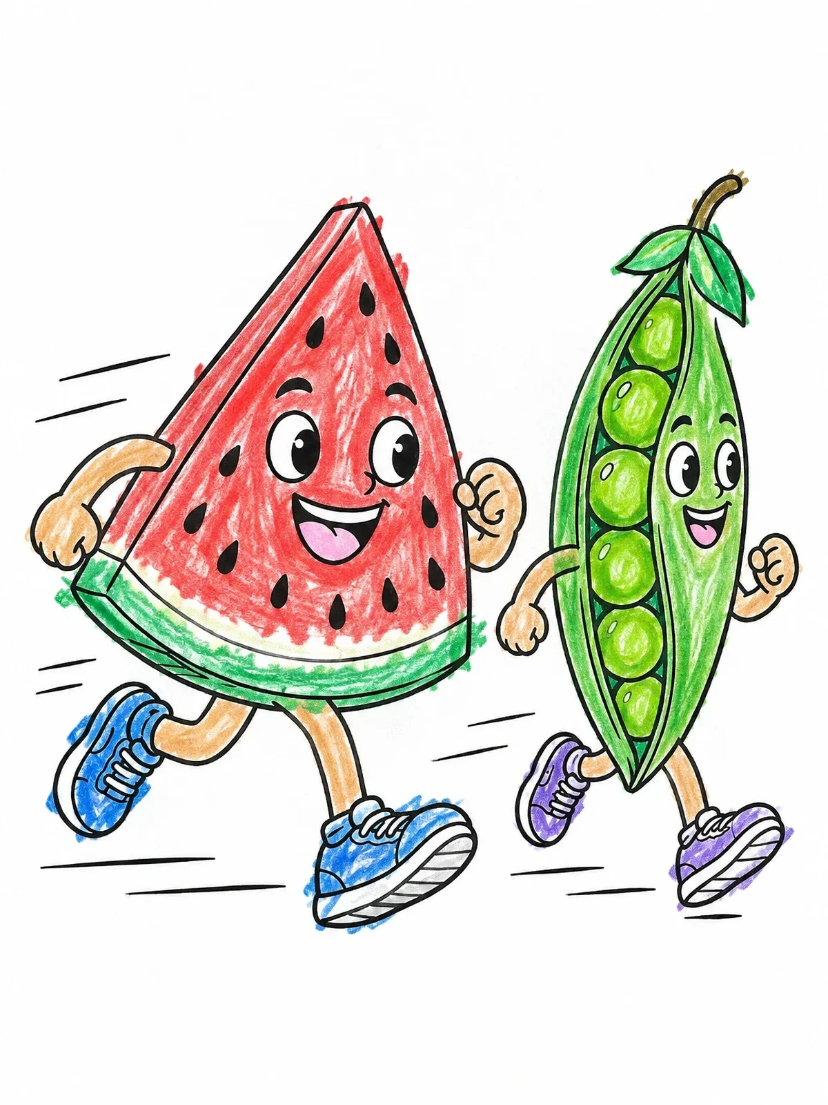 Colored example of the Watermelon And Pea Pod Running Race coloring page