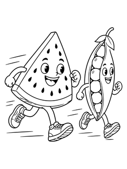 Free printable Watermelon And Pea Pod Running Race coloring page