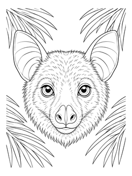 A detailed bat coloring page showing a close-up portrait of a fruit bat framed by palm fronds.