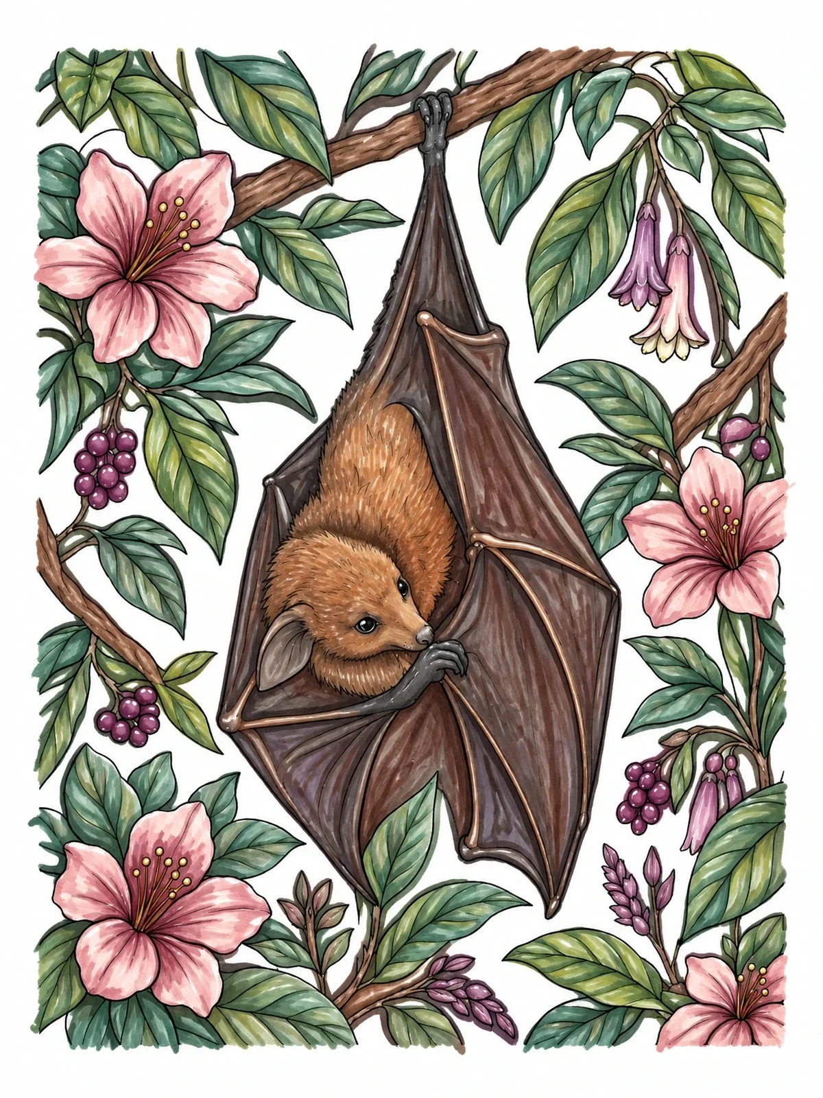 Colored example of the Fruit Bat Hanging Among Flowers coloring page